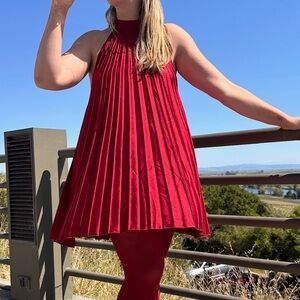 Dark Red Halter Pleated Satin Dress